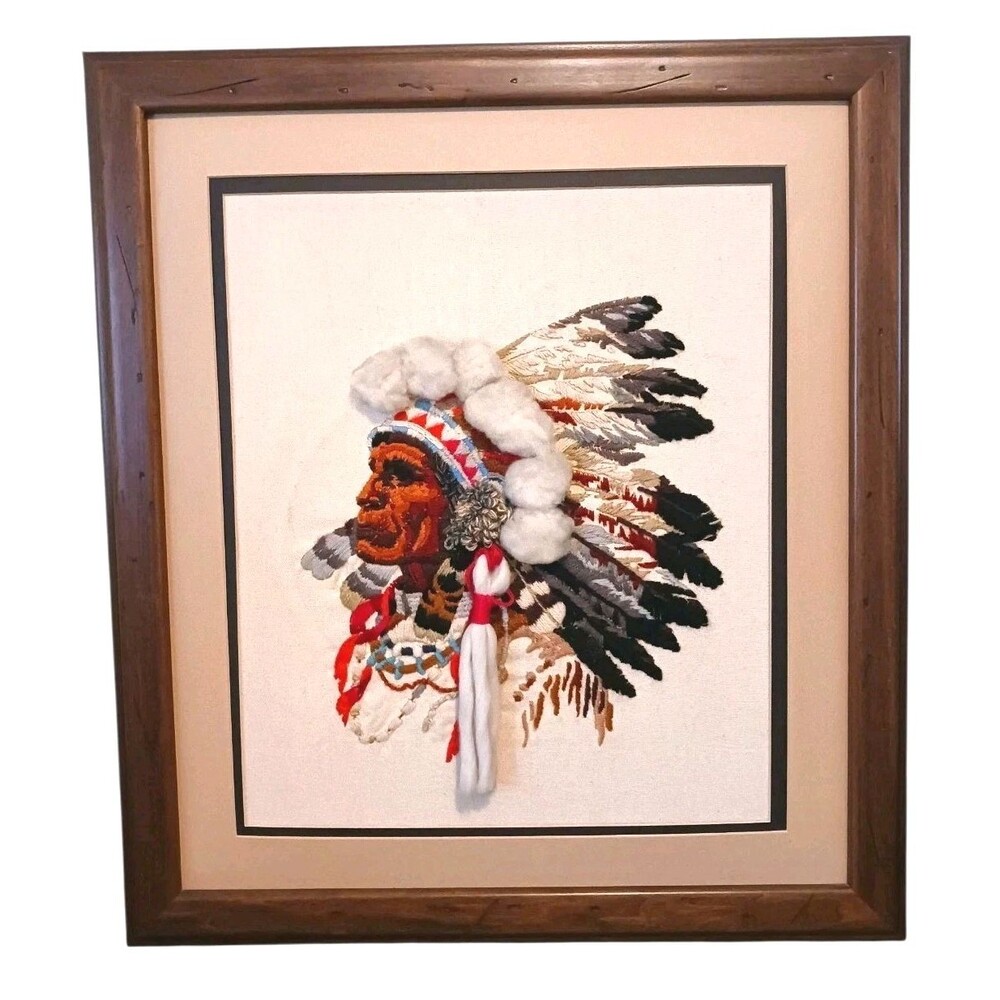 VTG CREWEL Native American Indian Chief Wood Framed Embroidered Wall Art Hanging